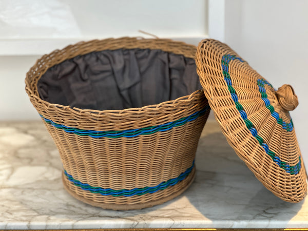 1950s Wicker Sewing Kit with Lid and Blue Accents