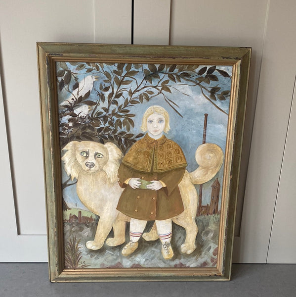 Sweet Naive Painting on Board of Blond Girl and Blond Dog