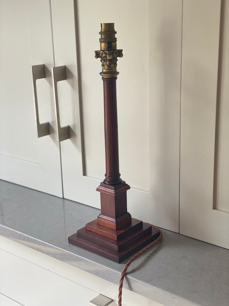 Mahogany and brass column candlestick lamp