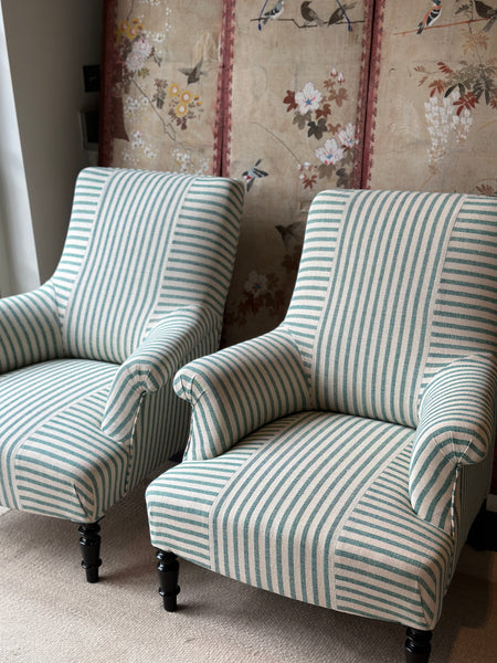 Pair of Square Back Chairs in GG Olive Sacking Peacock