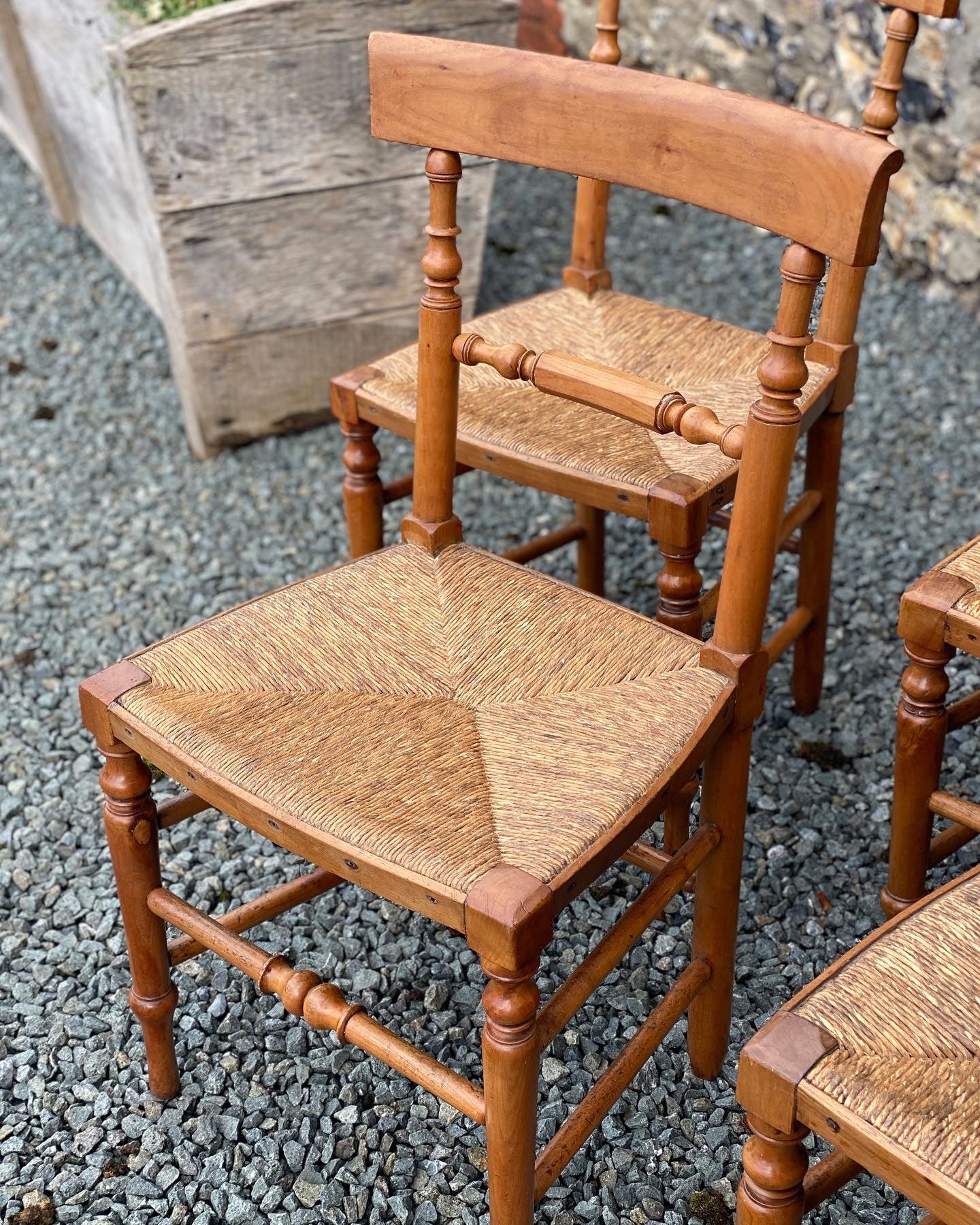 Charming Set of 4 Fruitwood and Rush Seat Chairs