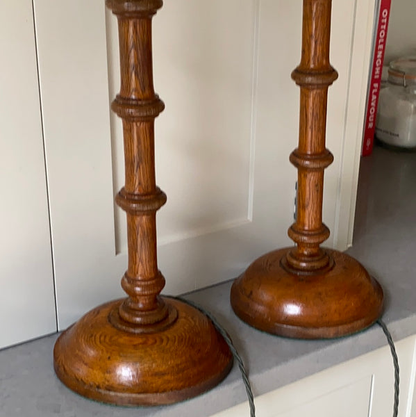 Lovely Pair of Tall Treen Candlestick Lamps