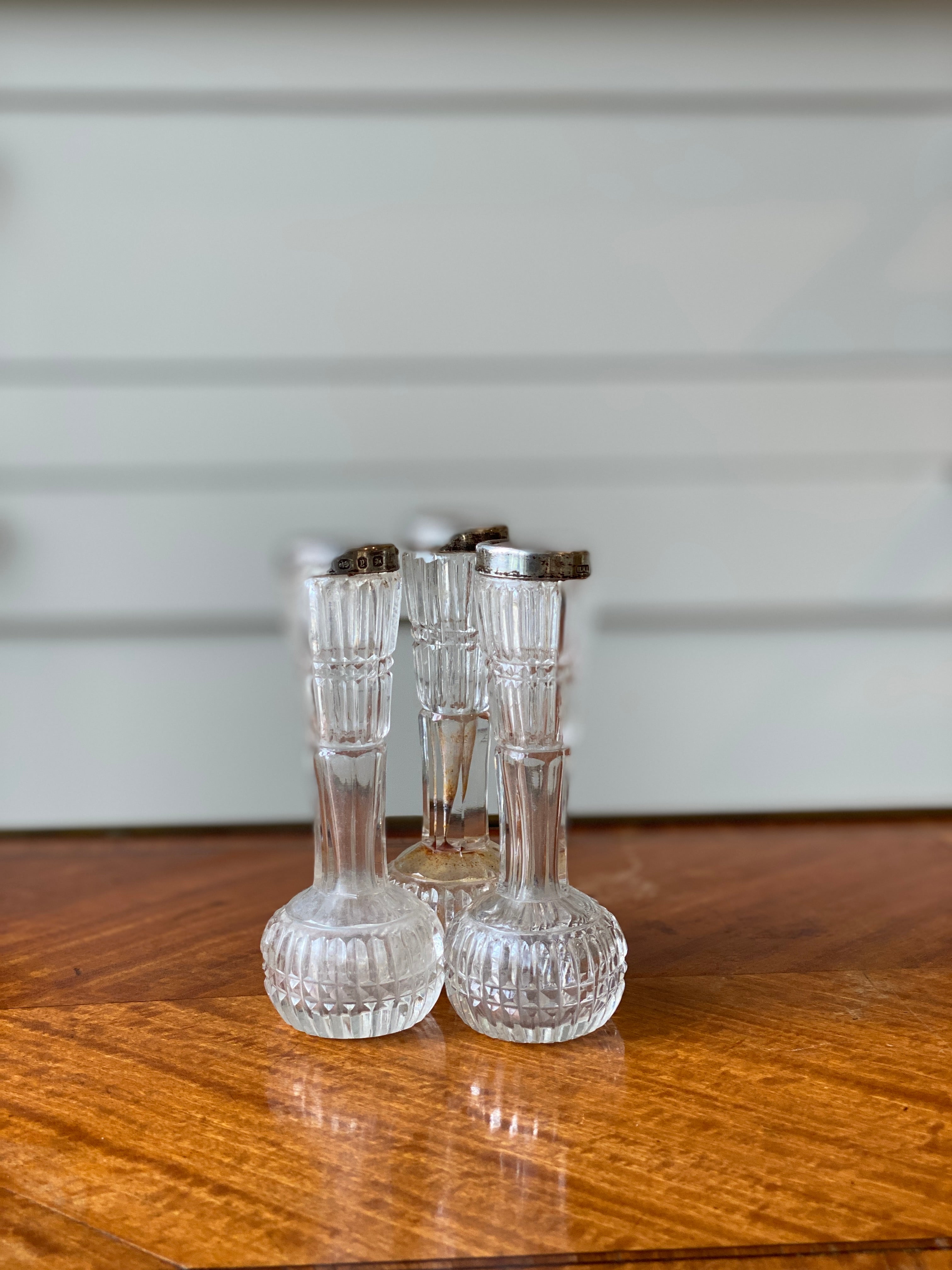 3 Pretty Silver and Cut Glass Bud Vases