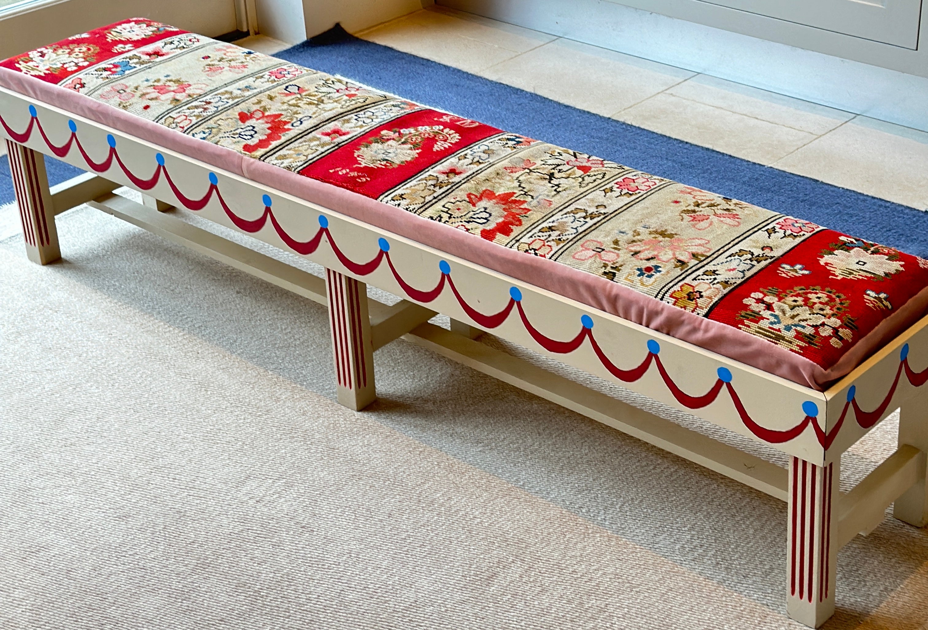 Long Painted Bench with Antique Needlepoint Cushion