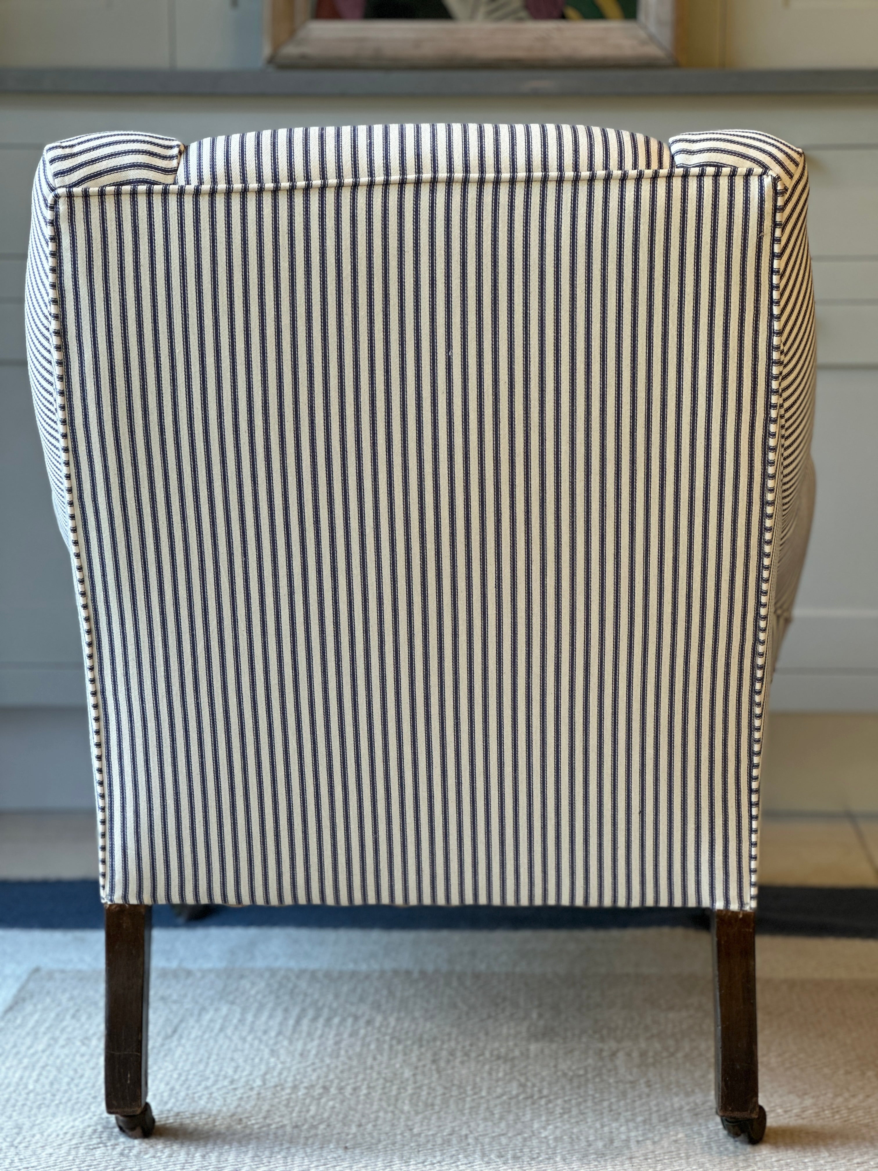 Large Antique English Armchair in a Navy stripe