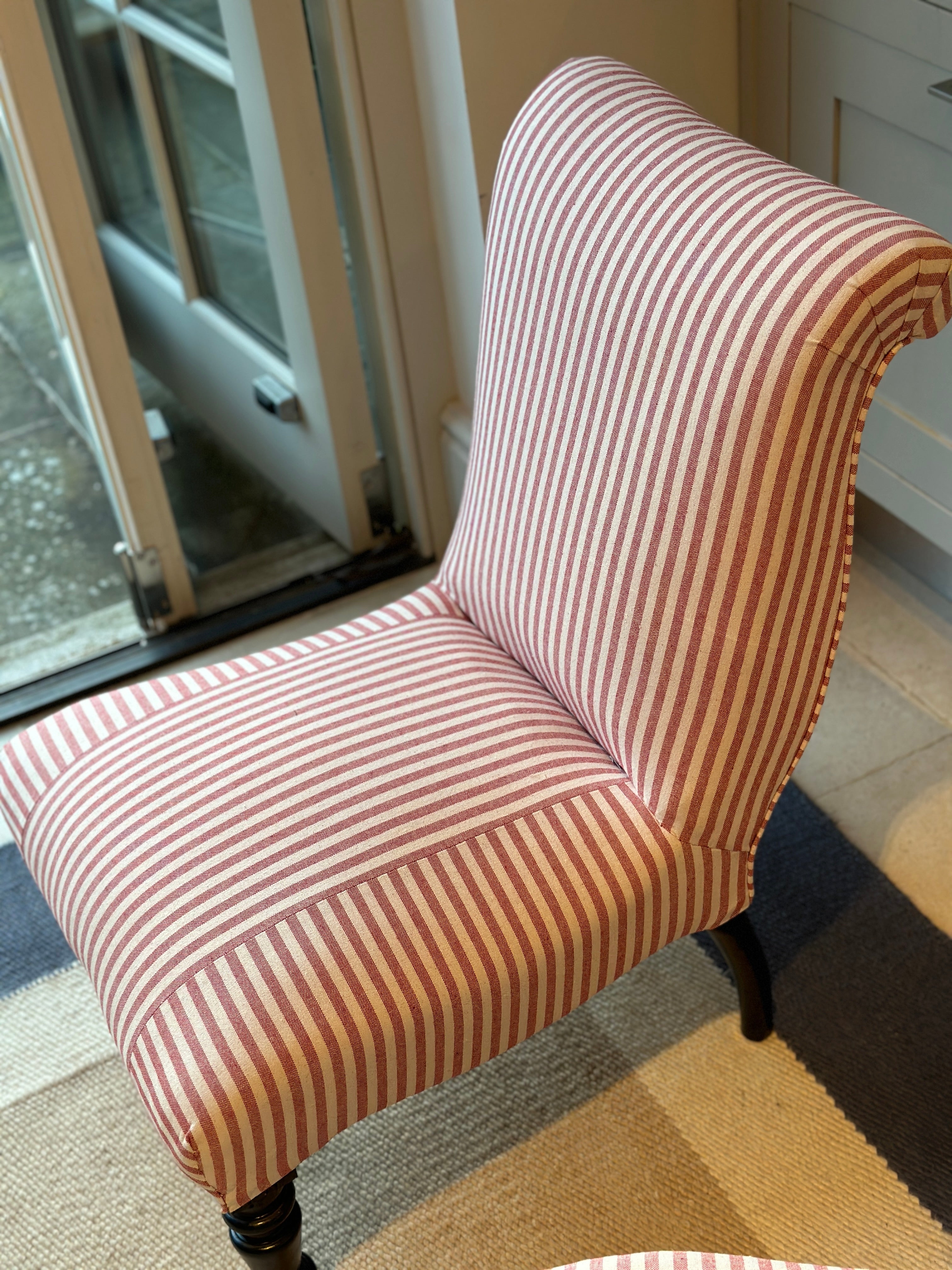 A Diminutive Pair of French Slipper Chairs in Red & White Ticking