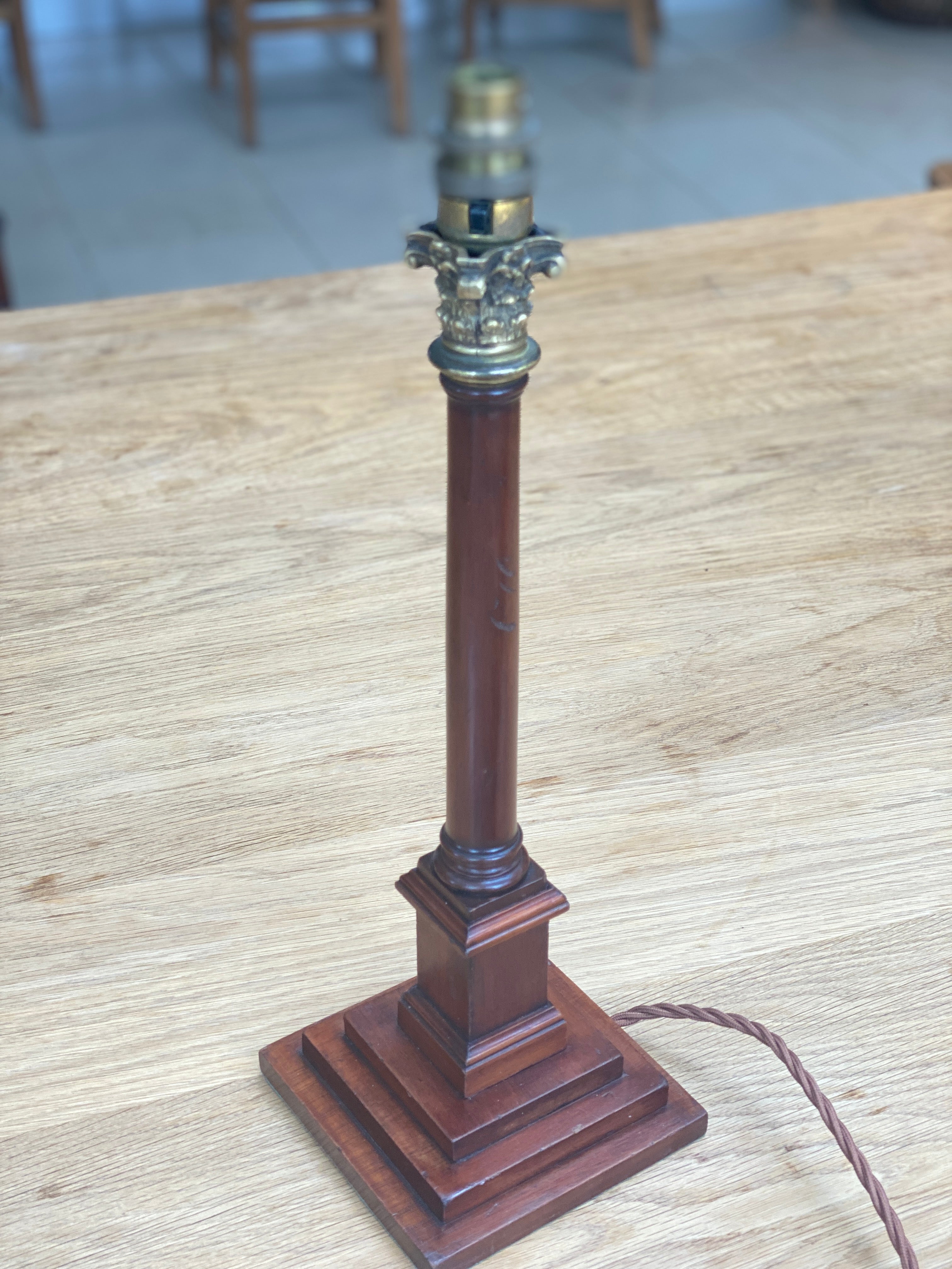 Mahogany and brass column candlestick lamp