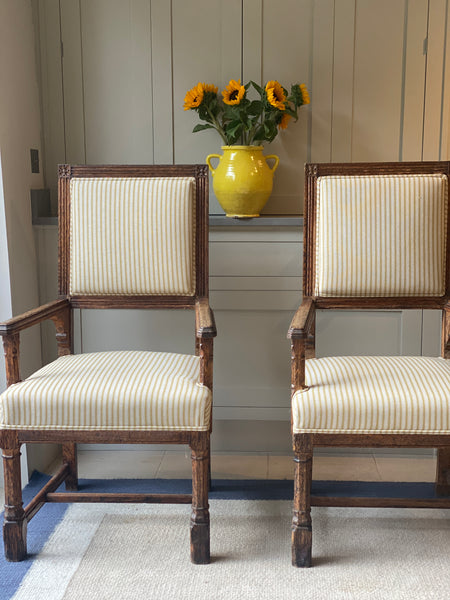 Pair of Carved Oak Chairs in Yellow Striped Ticking