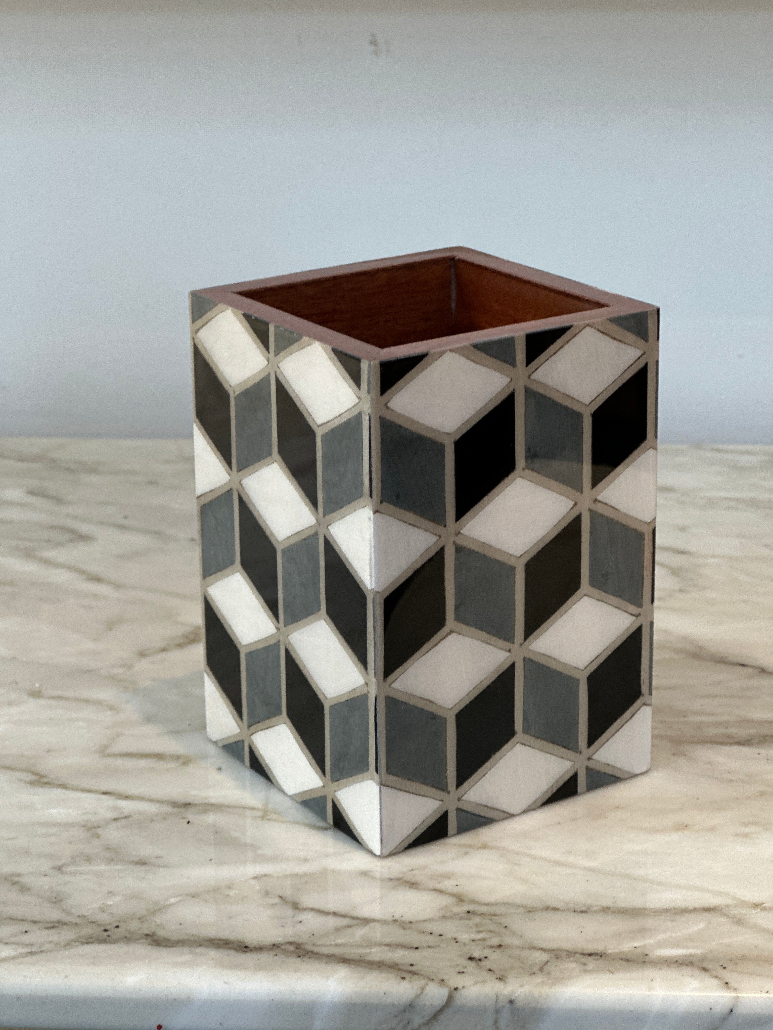 Marquetry Pen Holder - Gray Black Geometric