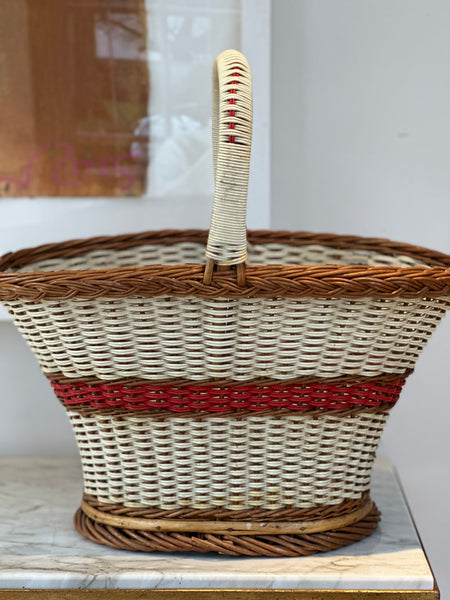 Vintage White Wicker Handled Basket with Red Accents