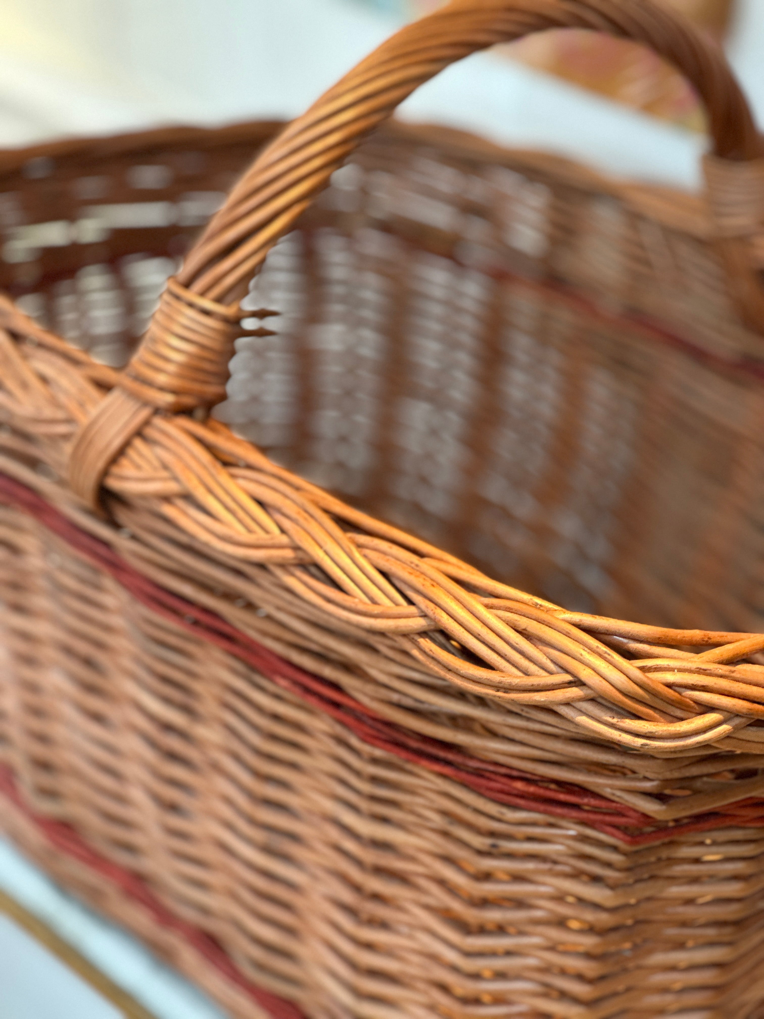 Large Vintage Wicker Basket with Red Accents