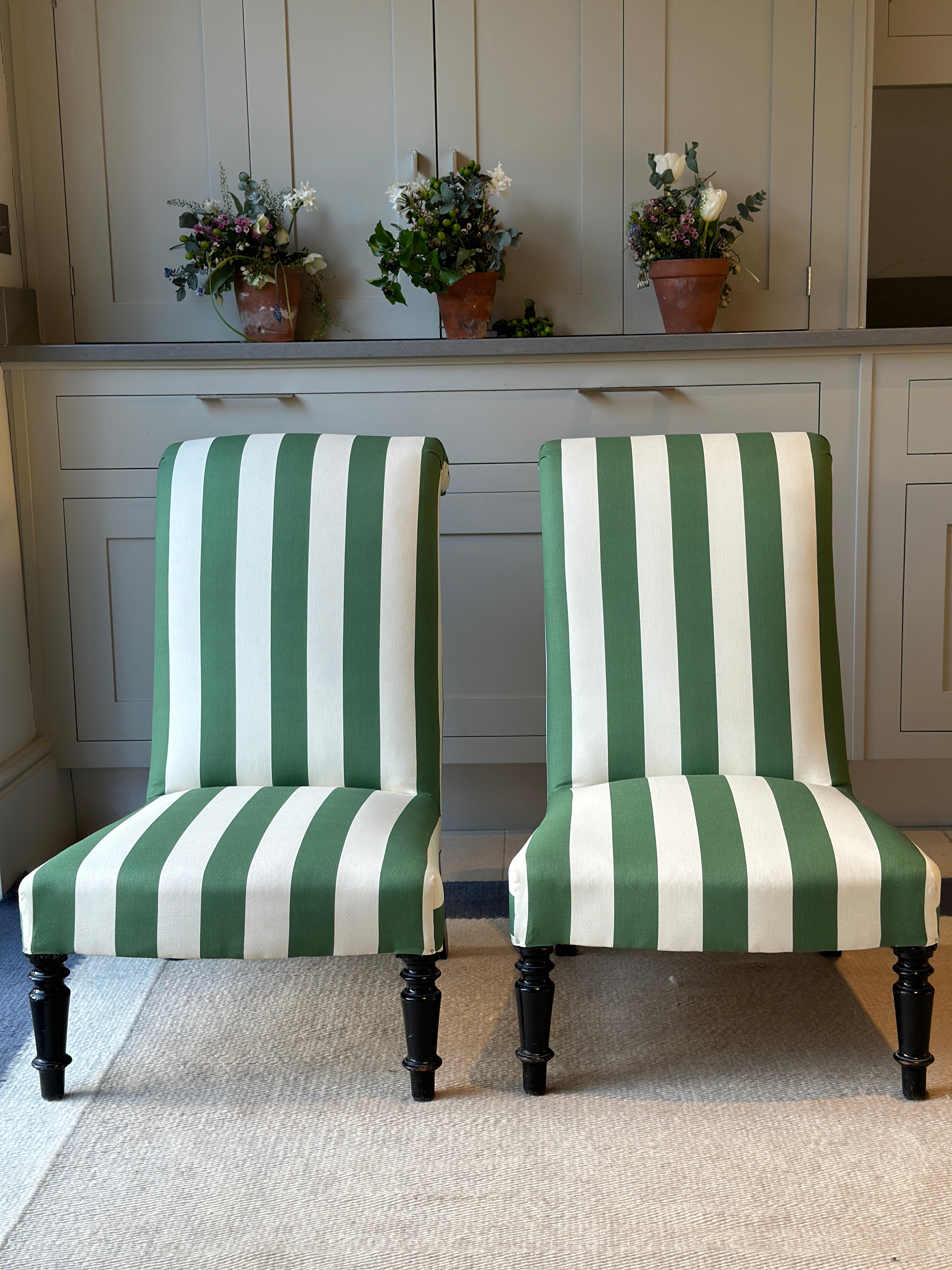 Glamourous Pair of French Scroll back Slipper Chairs