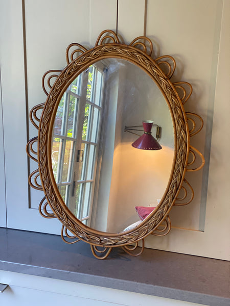 Lovely Midcentury Oval Rattan Mirror