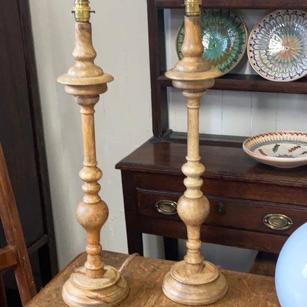 Pair on Tall Oak Candlestick Table lamps