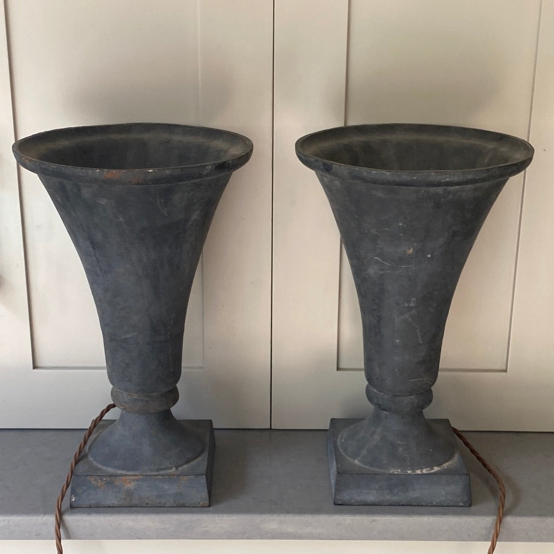 Reserved Pair of Cast Iron Urn Uplighters