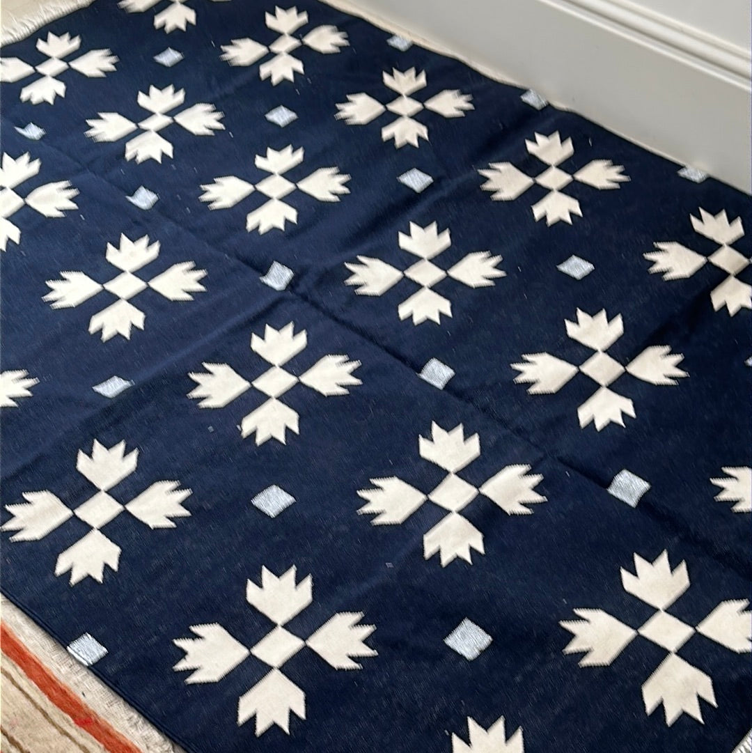 Cotton Dhurrie Rug Navy & Ivory