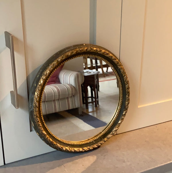 Small Round Antique Green & Gilt Mirror