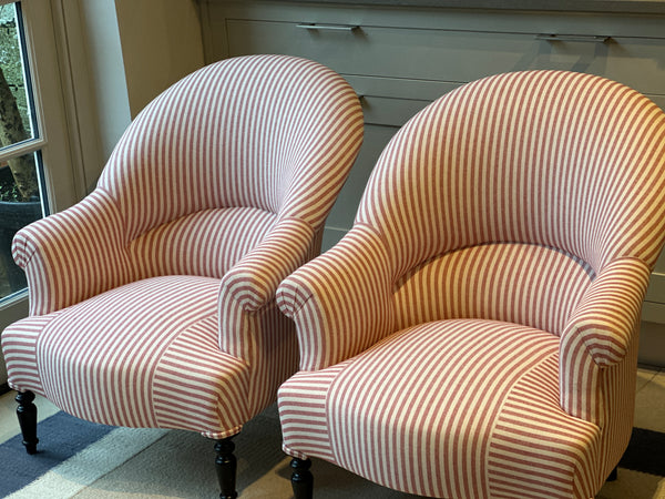Pair of C20th French Chairs in Red & White Ticking