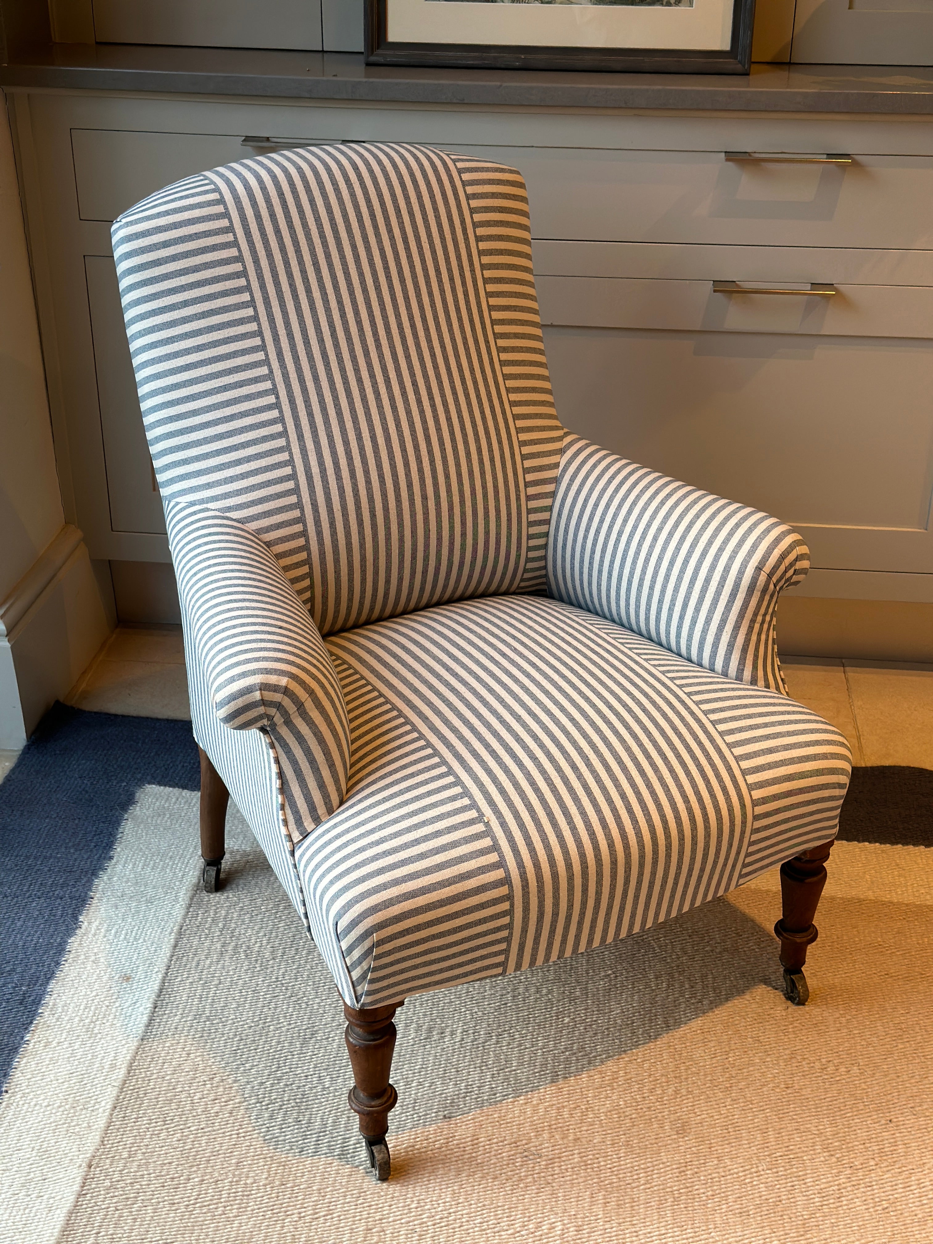 A Nap 3 Square Back Chair in Blue and White Ticking