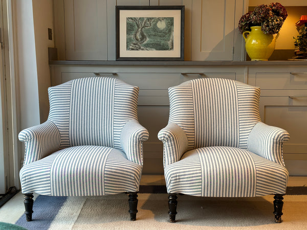 Pair of French Chapeau de Gendarme chairs in Blue & White Ticking