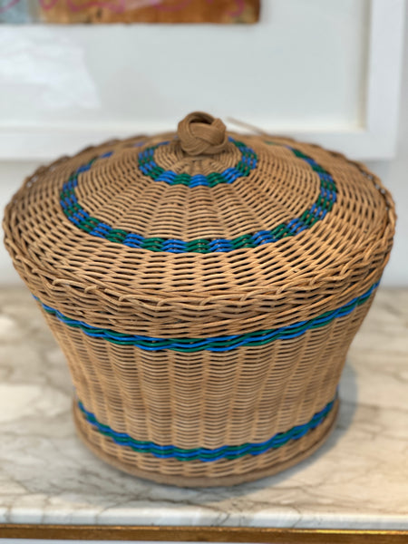 1950s Wicker Sewing Kit with Lid and Blue Accents