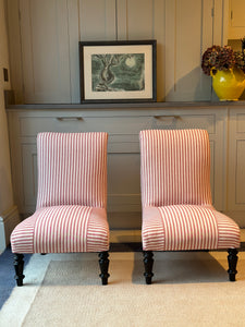 A Diminutive Pair of French Slipper Chairs in Red & White Ticking