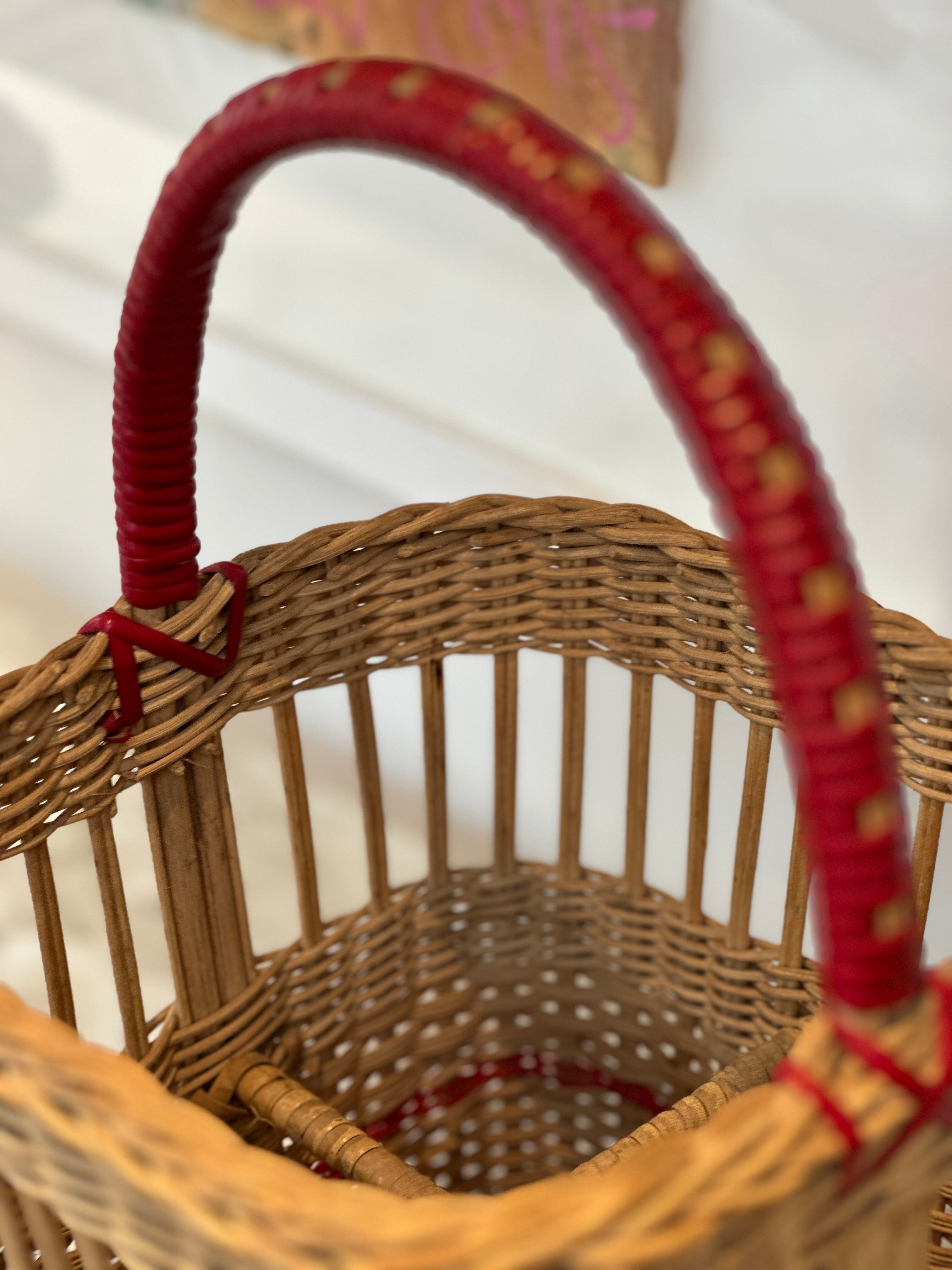 Vintage Wicker Bottle Carrier with Red accents