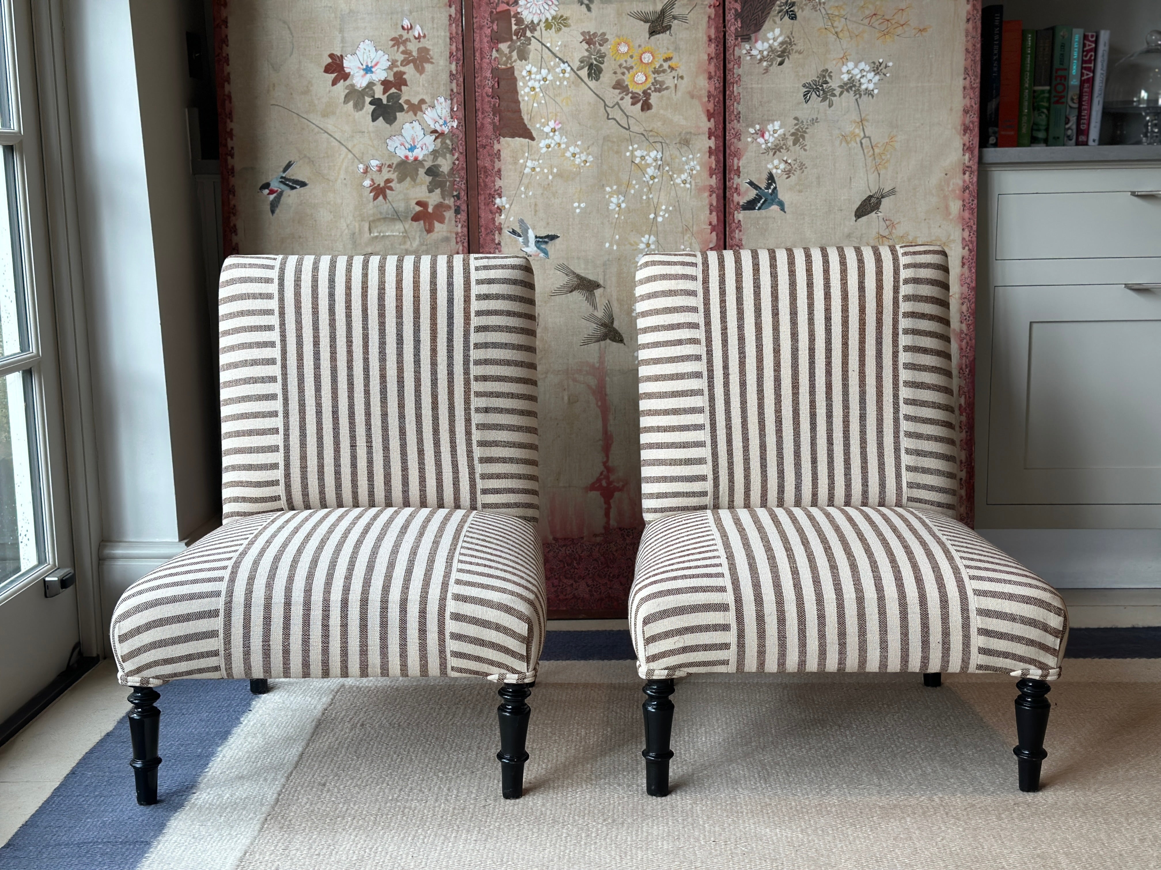 Pair of French Slipper Chairs in GG Olive Sacking Cocoa