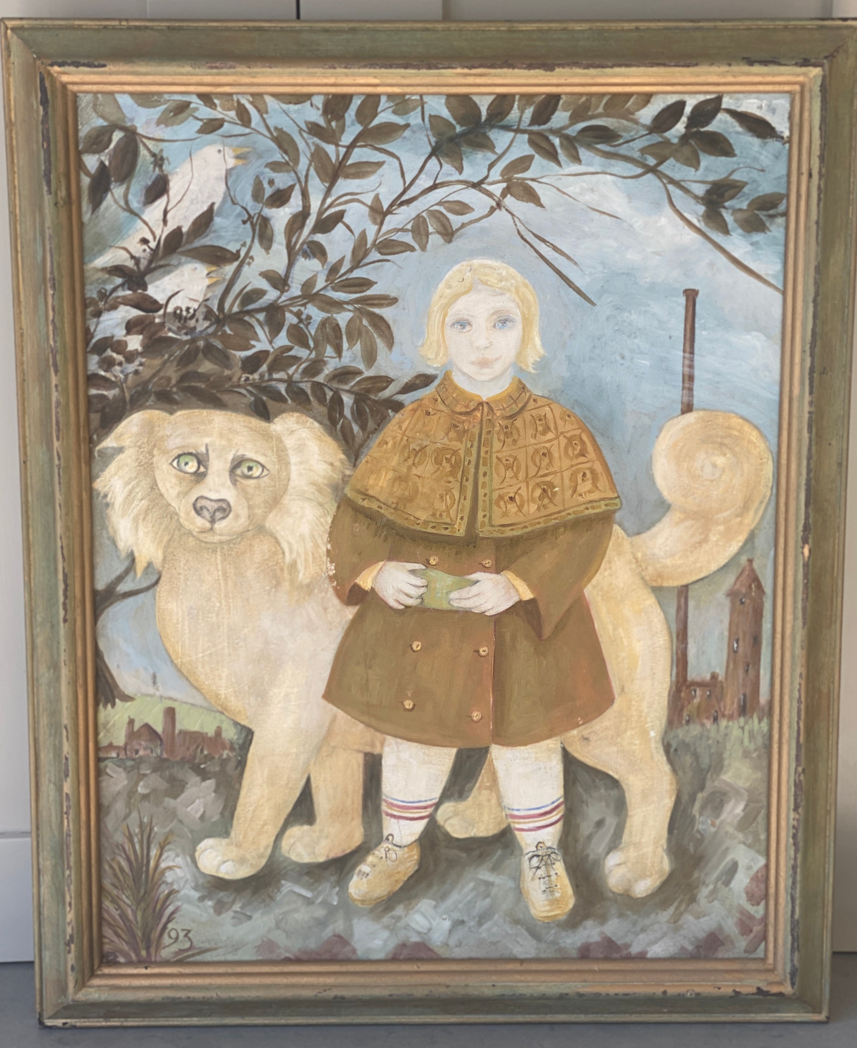 Sweet Naive Painting on Board of Blond Girl and Blond Dog