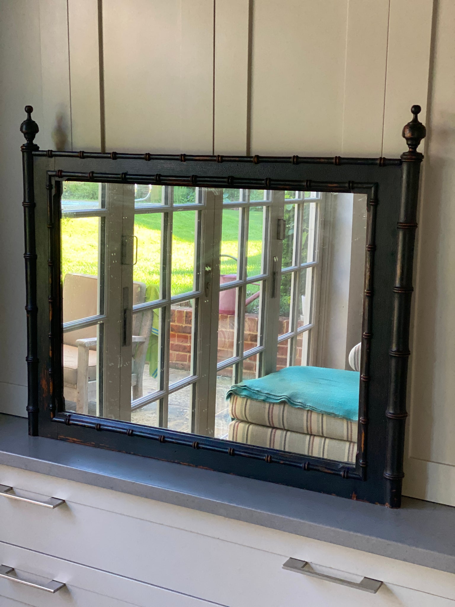 Painted French Faux Bamboo Mirror with Finials