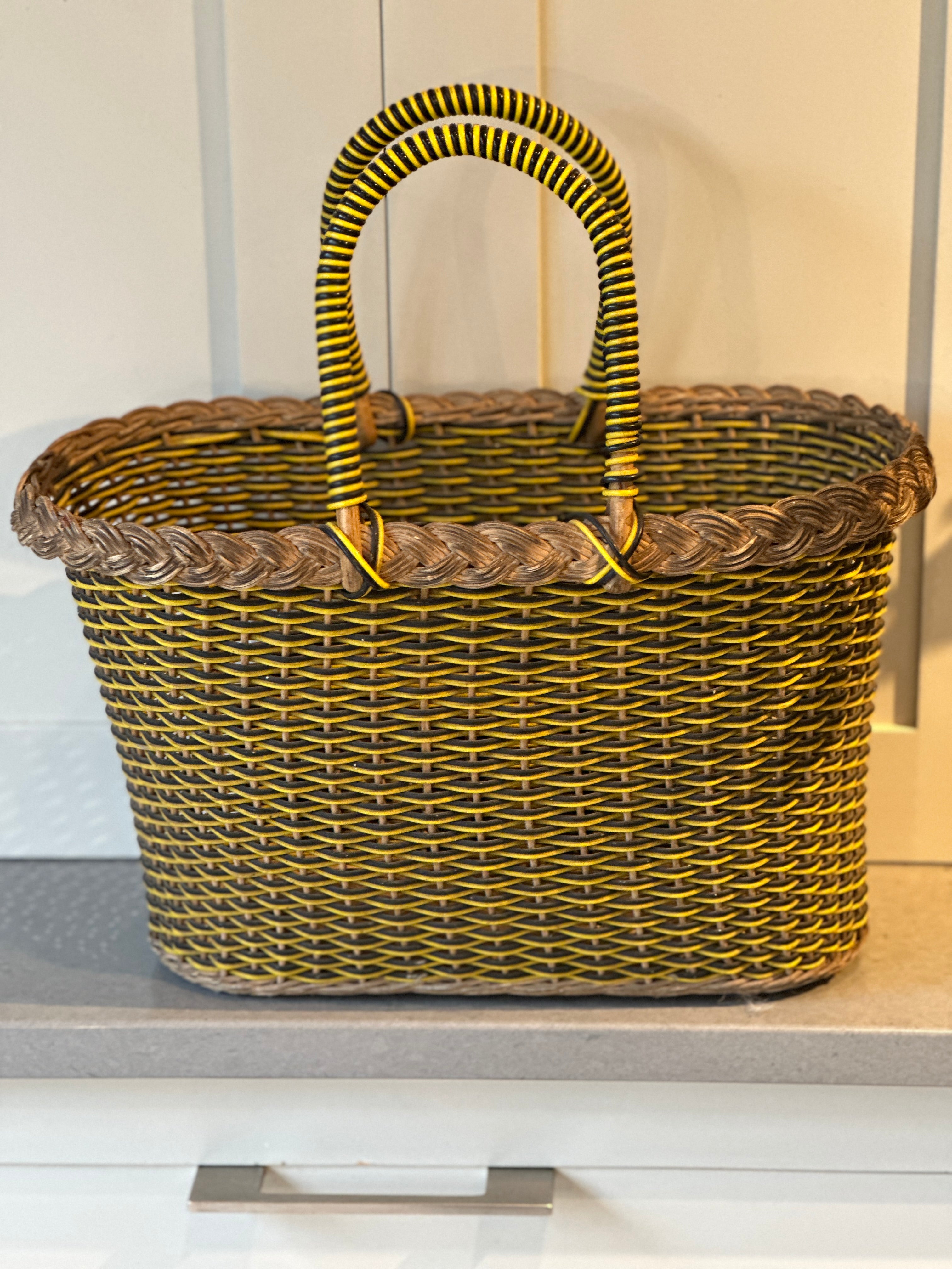 1960 Yellow and Black Wicker Shopper