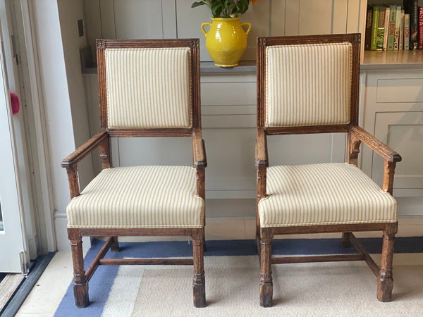 Pair of Carved Oak Chairs in Yellow Striped Ticking