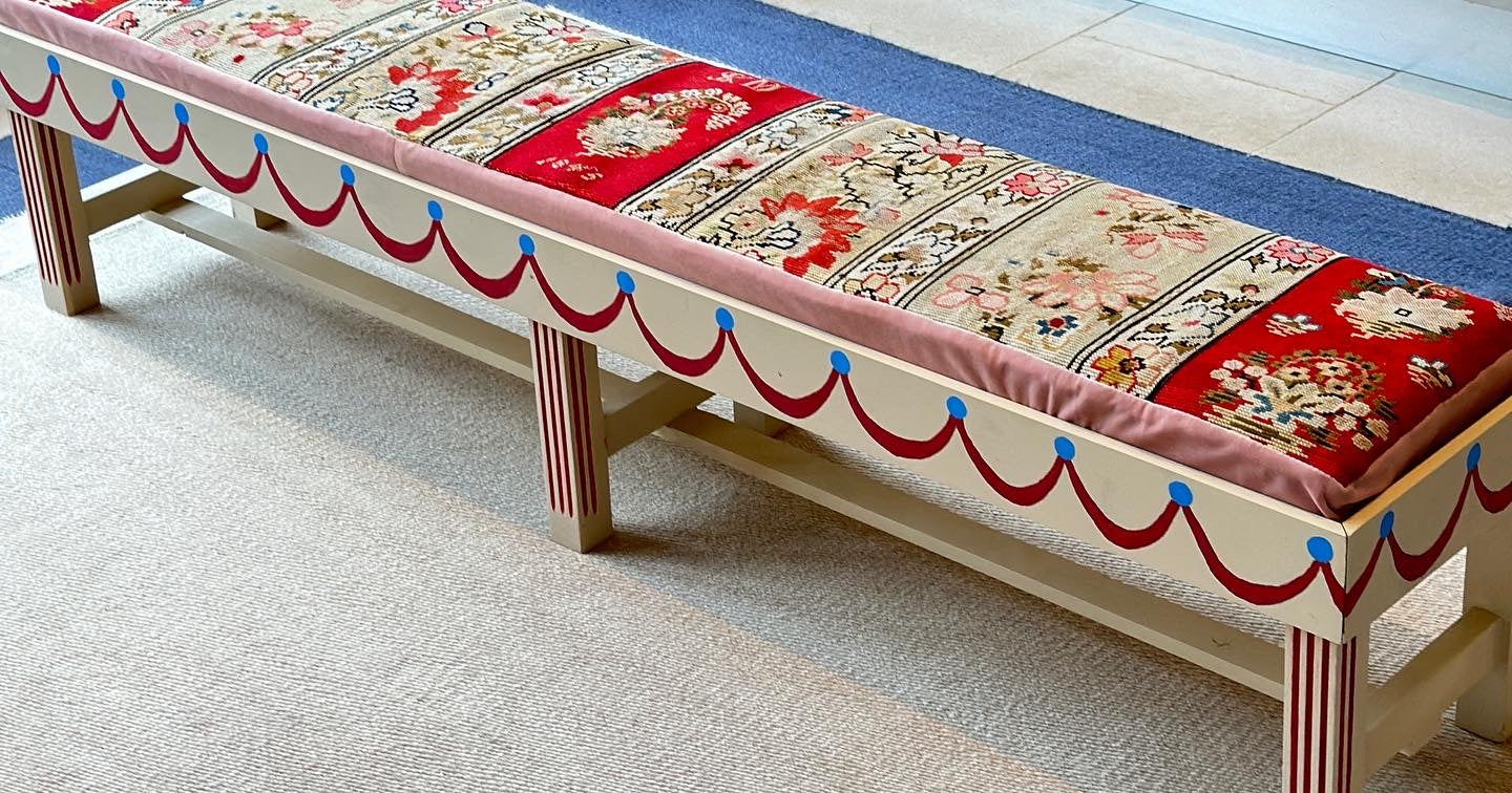 Long Painted Bench with Antique Needlepoint Cushion