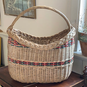 Vintage French Rattan/wicker Basket with red & green striped