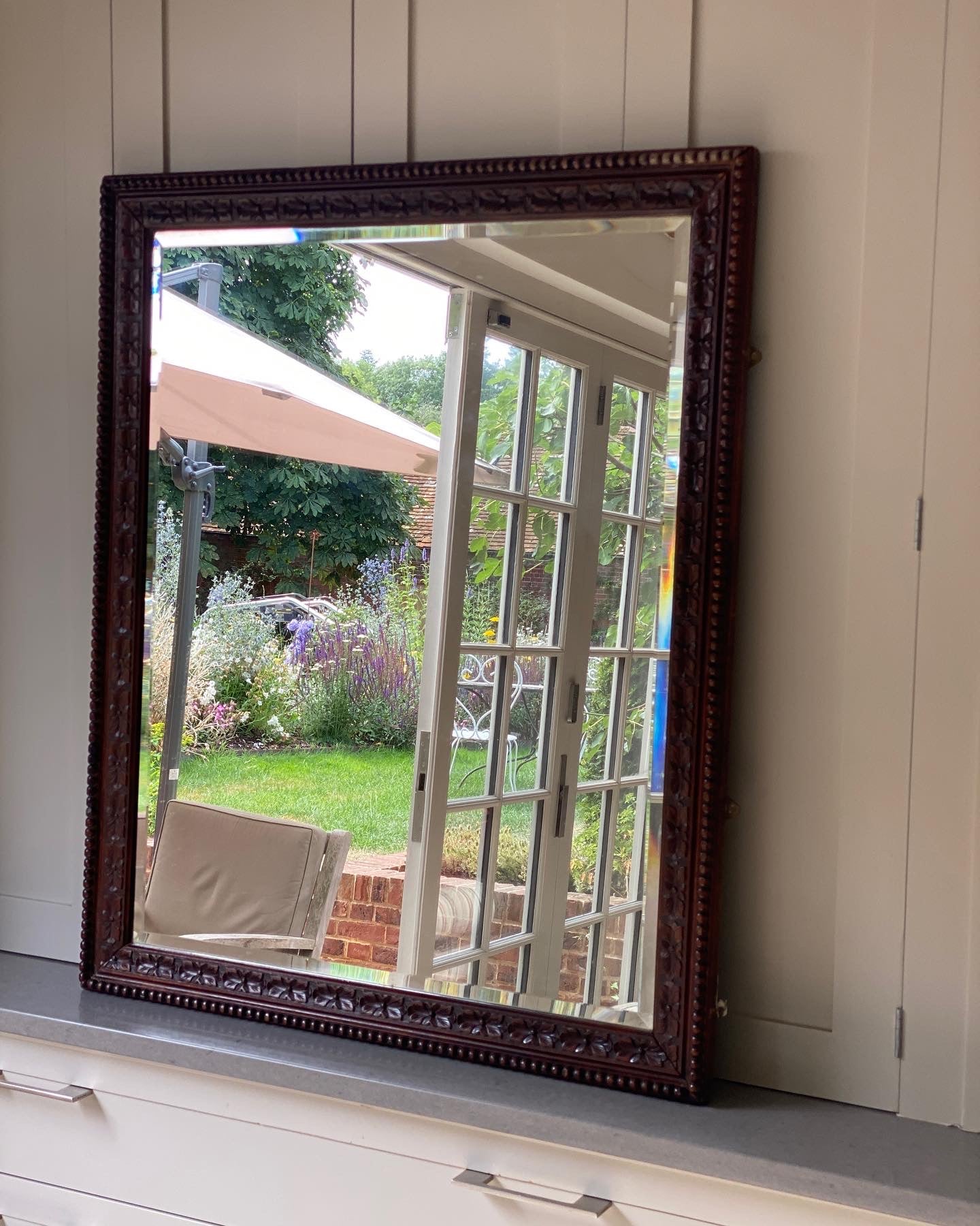 Large Carved Wood Mirror with Bevelled Plate