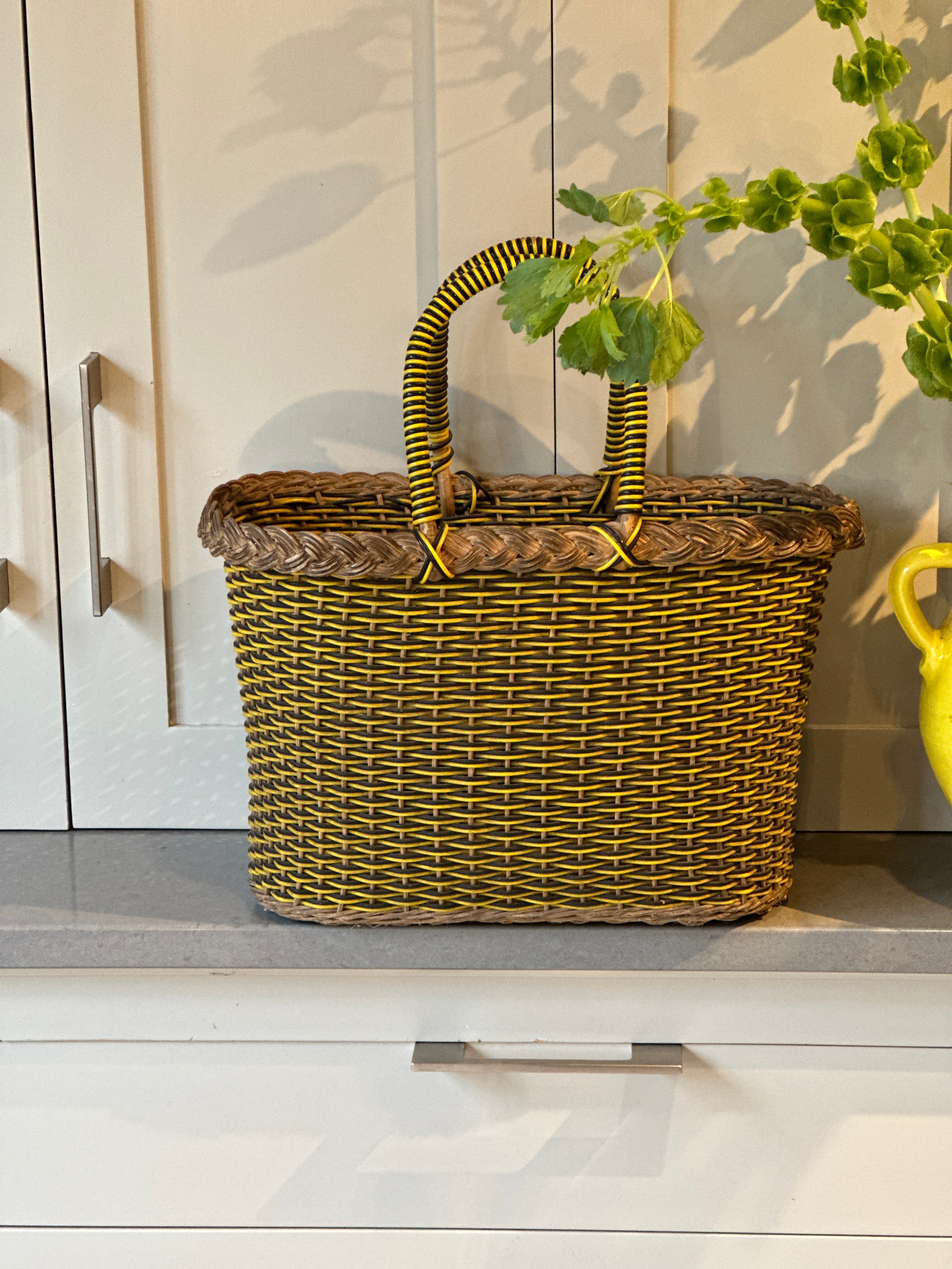 1960 Yellow and Black Wicker Shopper