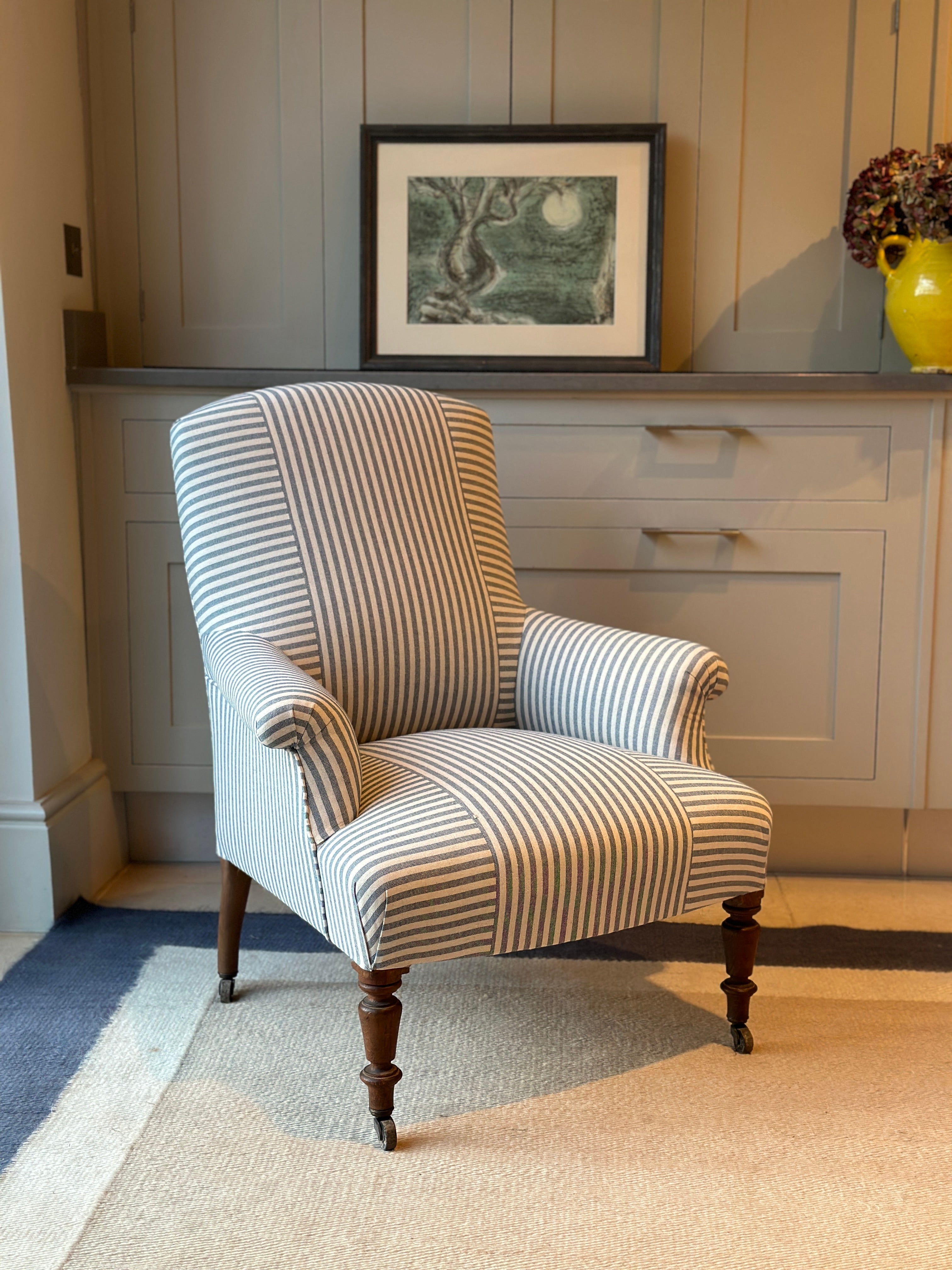 A Nap 3 Square Back Chair in Blue and White Ticking