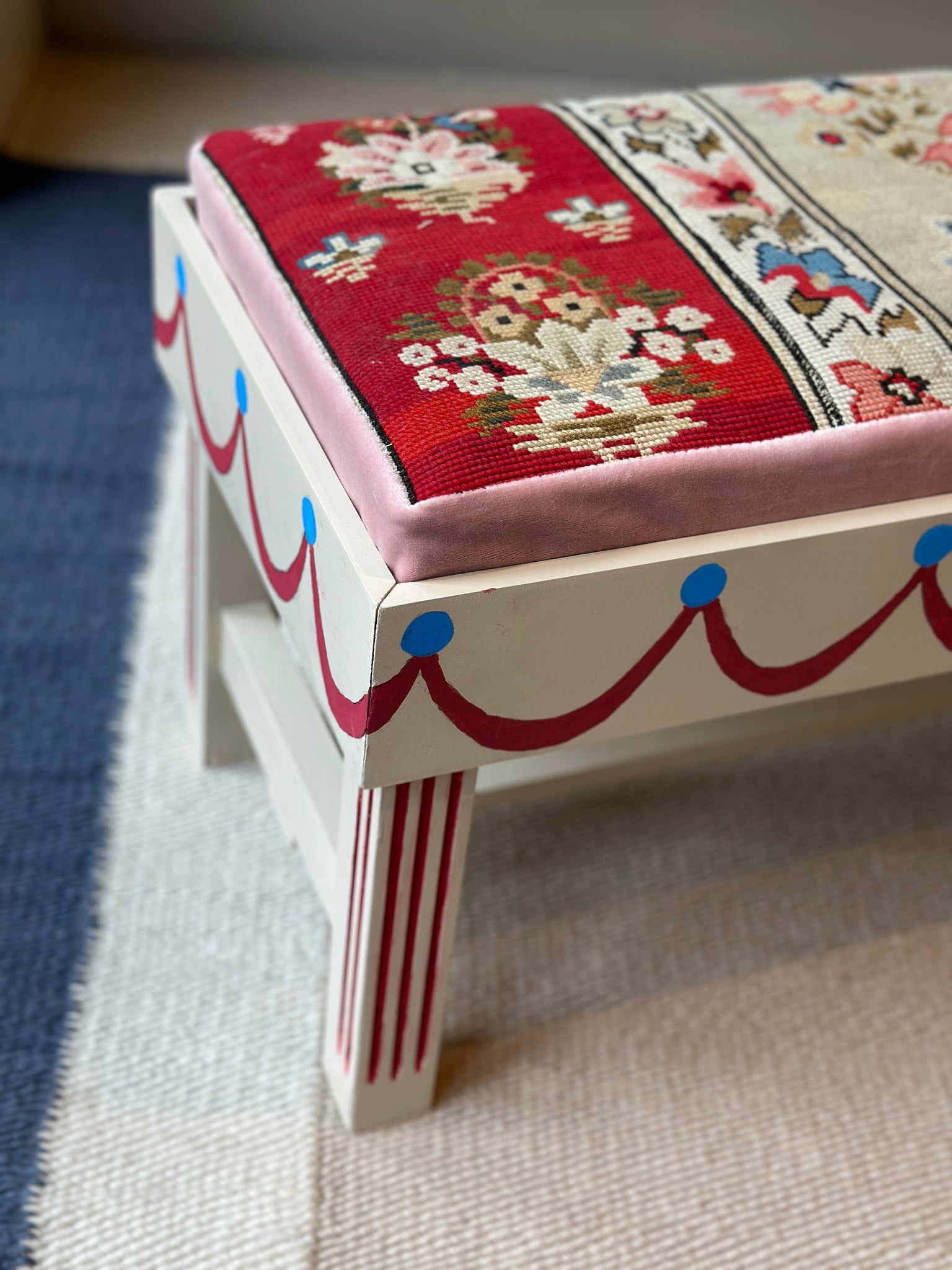 Long Painted Bench with Antique Needlepoint Cushion
