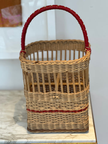 Vintage Wicker Bottle Carrier with Red accents