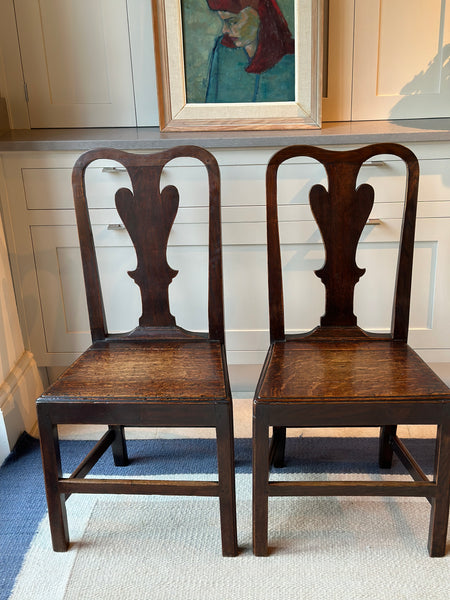 Pair of Early 19th C Oak Chairs with Charming Backs