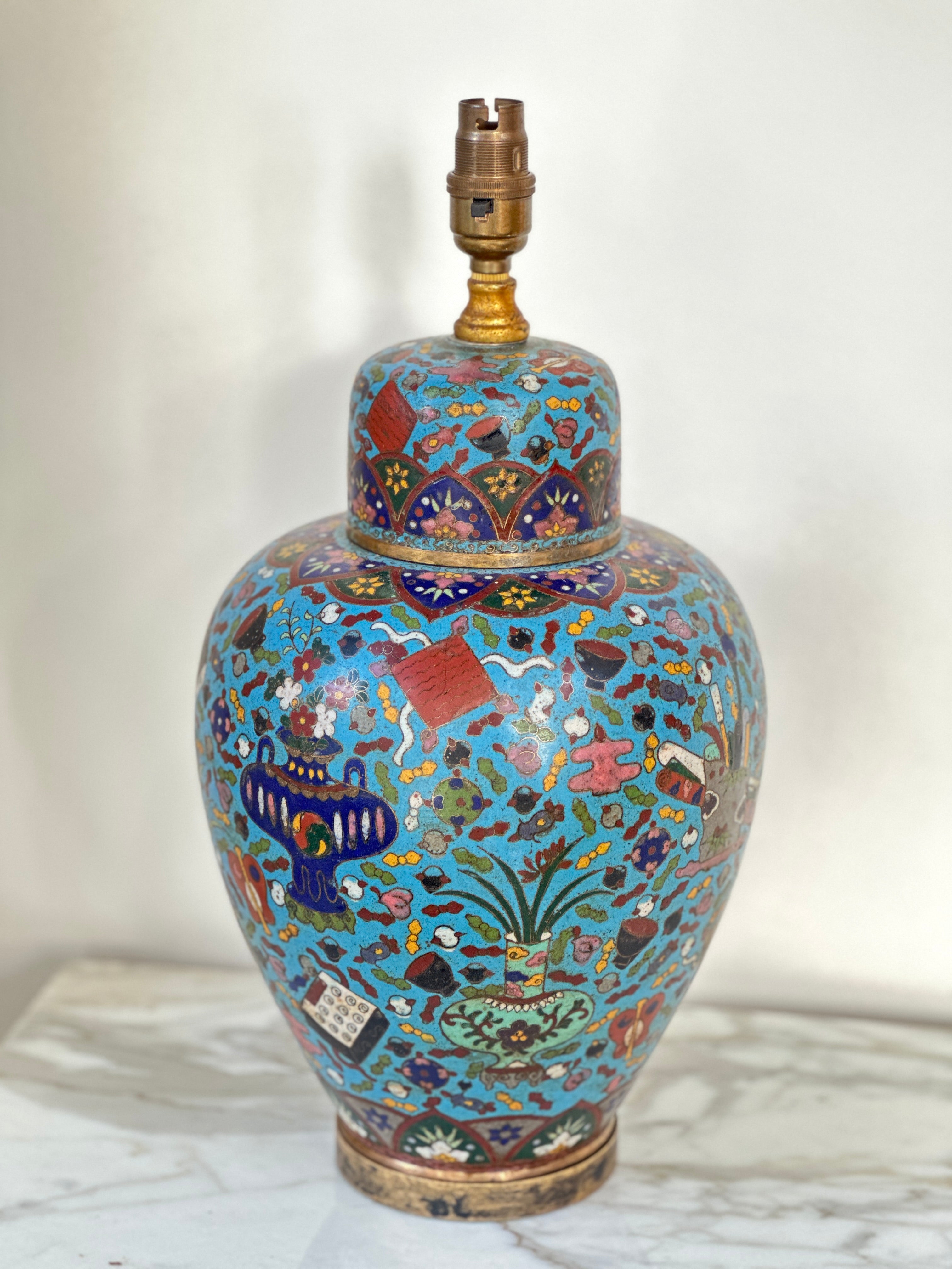 Antique Cloisonne Table Lamp on Brass Base