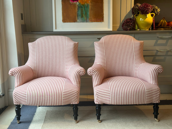 Pair of French Tub Chair in Red & White Ticking