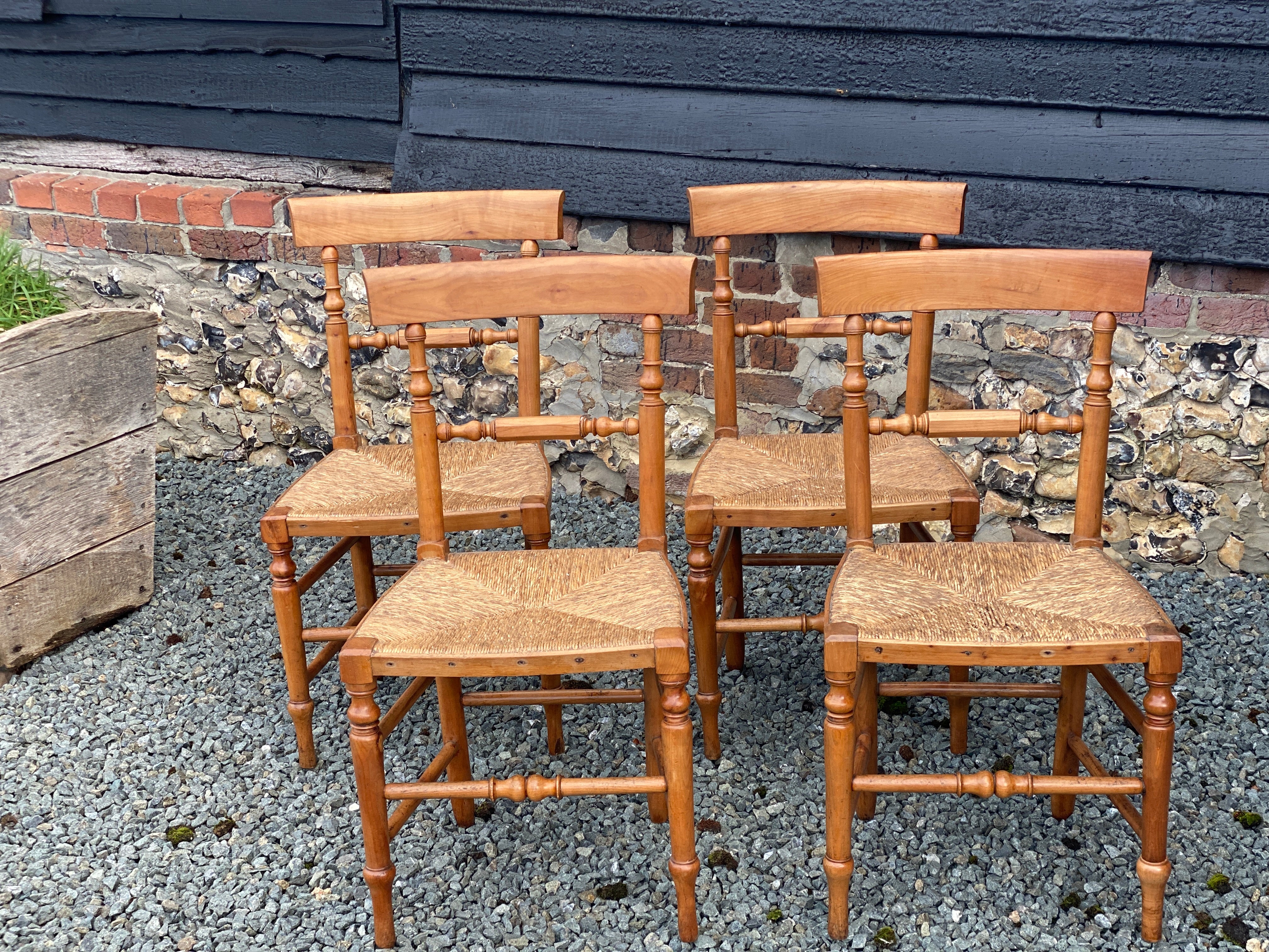 Charming Set of 4 Fruitwood and Rush Seat Chairs