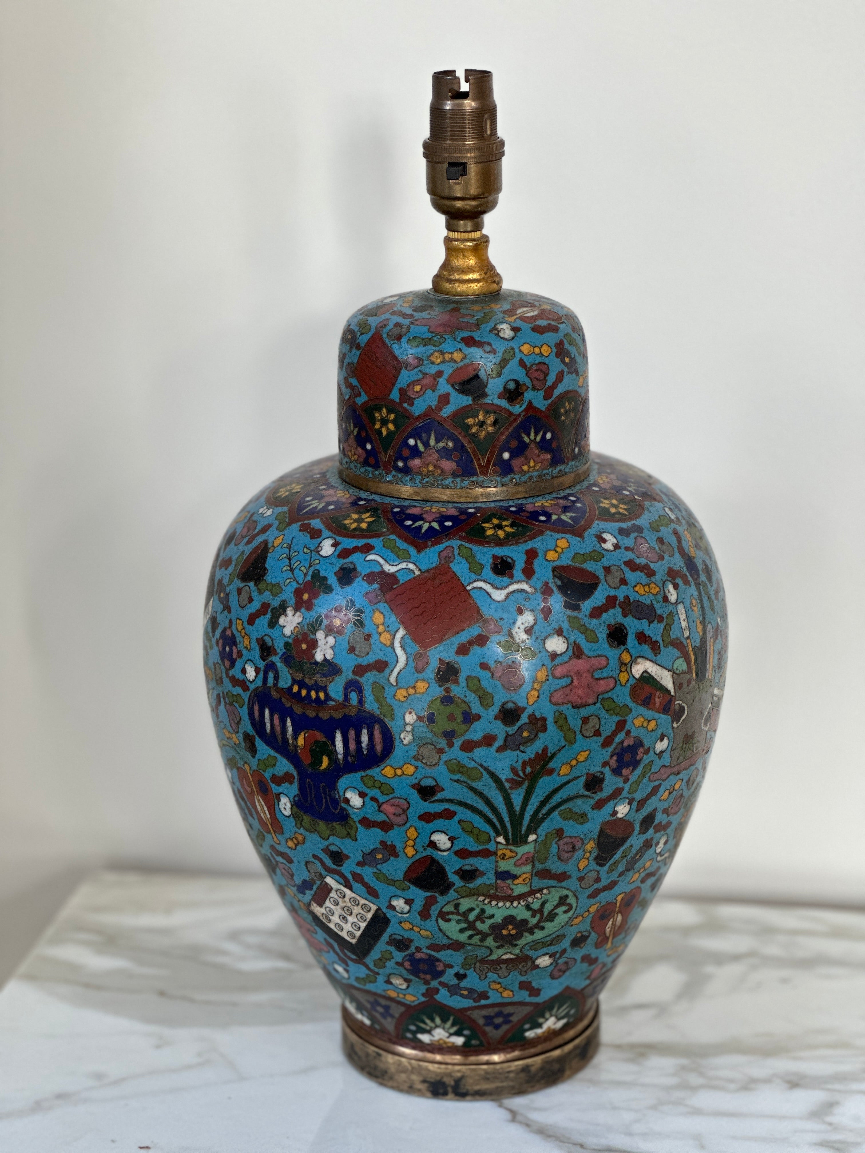 Antique Cloisonne Table Lamp on Brass Base