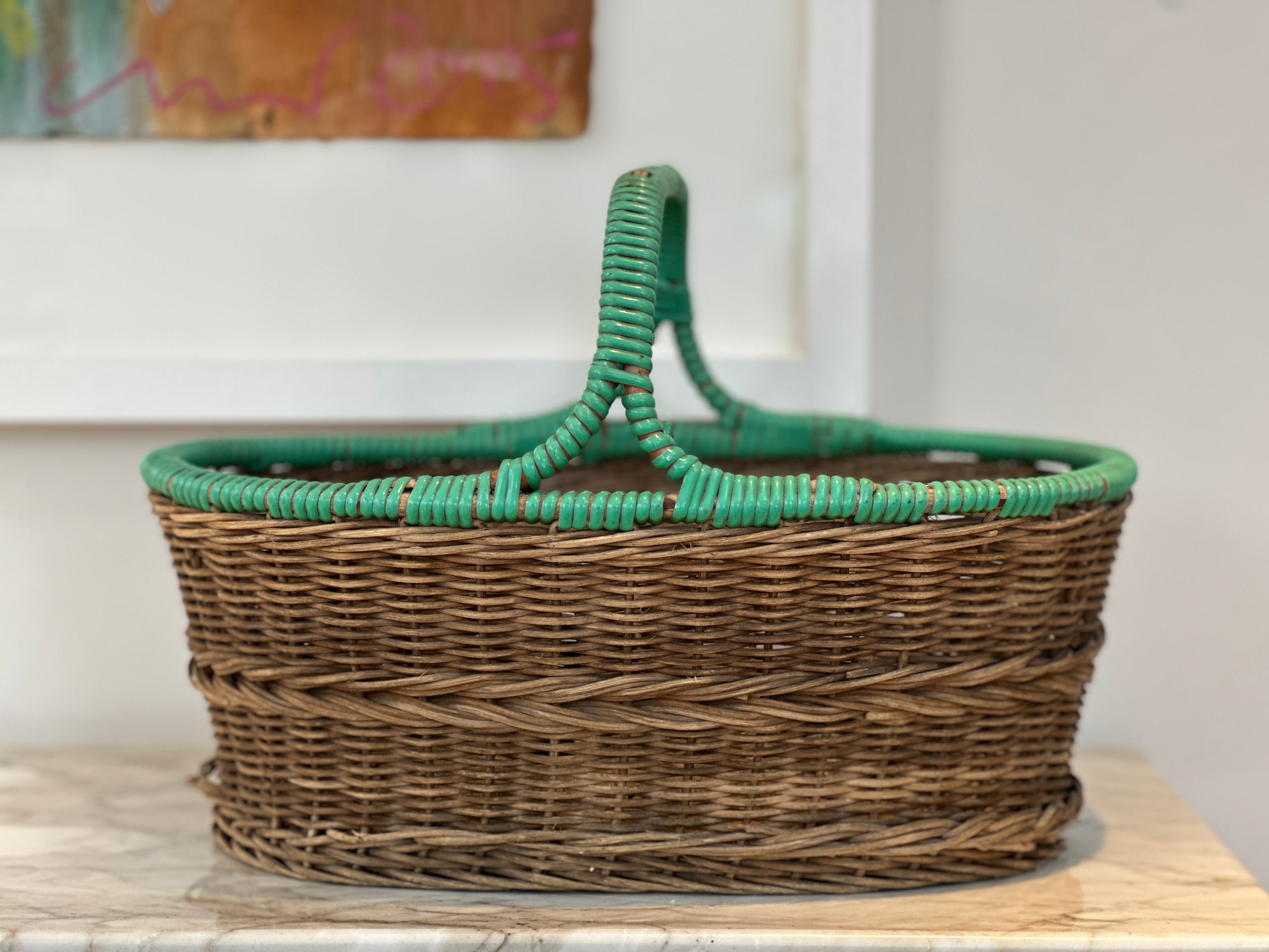 Vintage Wicker Basket with retro green handle