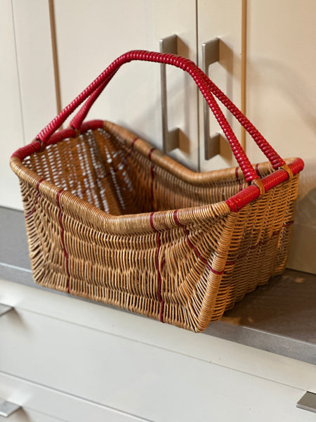 Small French Split Cane Basket with Red Handles