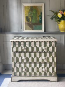 Green Geometric Painted Chest of Drawers