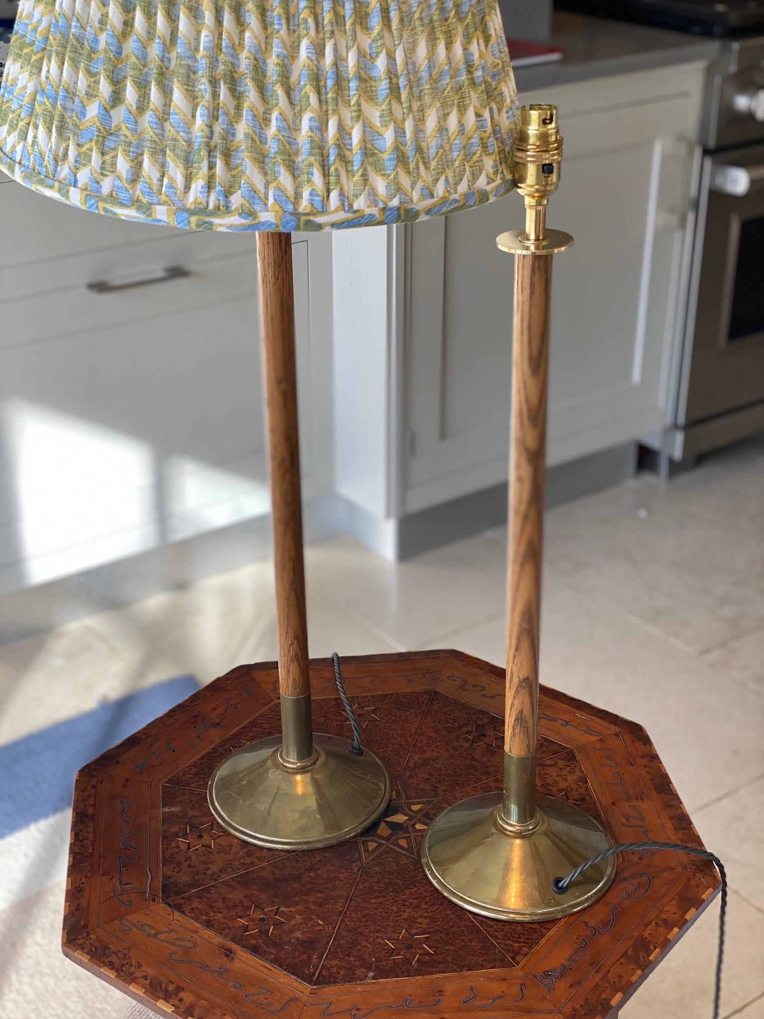 Pair of Tall Oak Table lamps with brass based