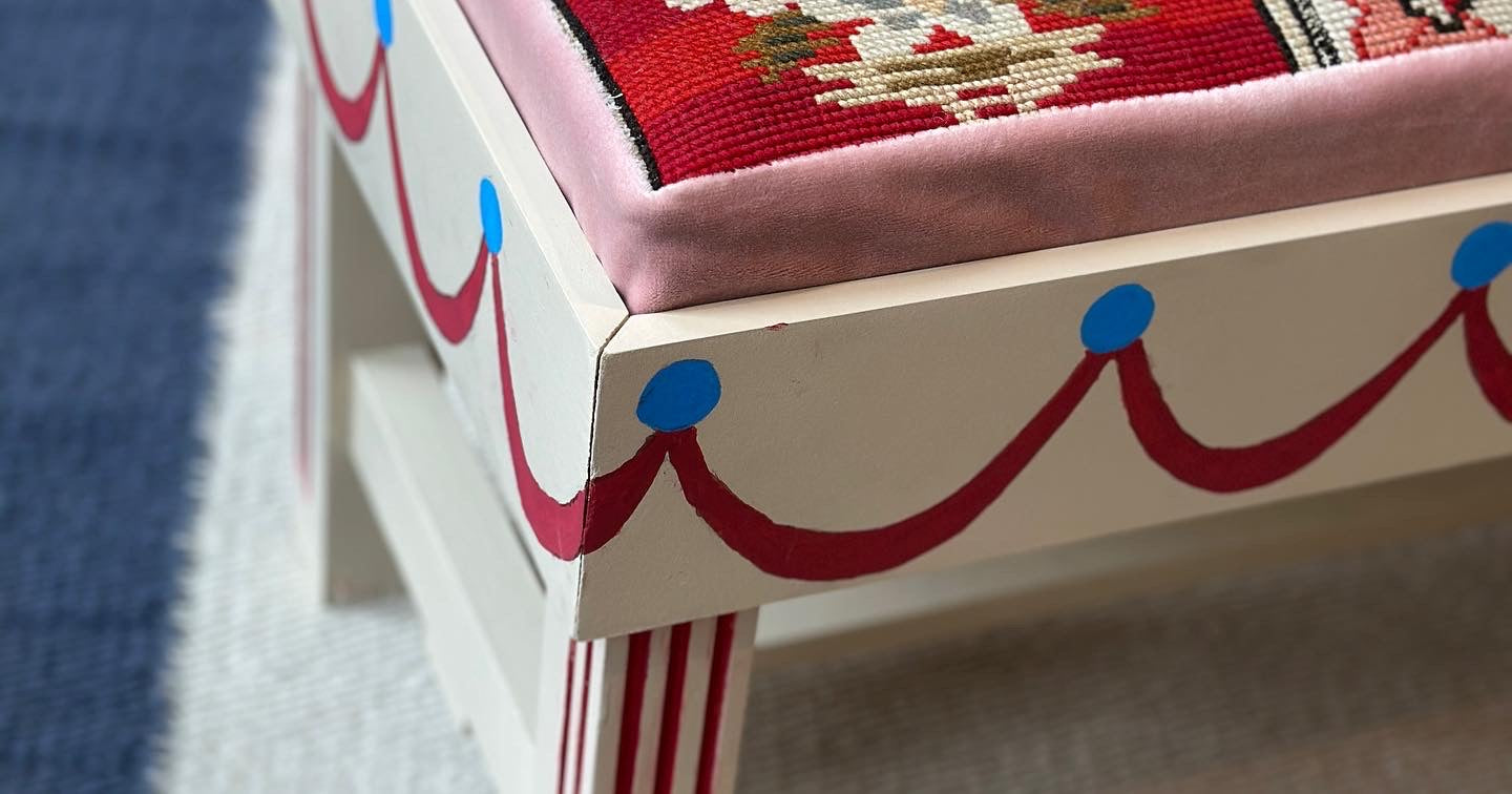 Long Painted Bench with Antique Needlepoint Cushion