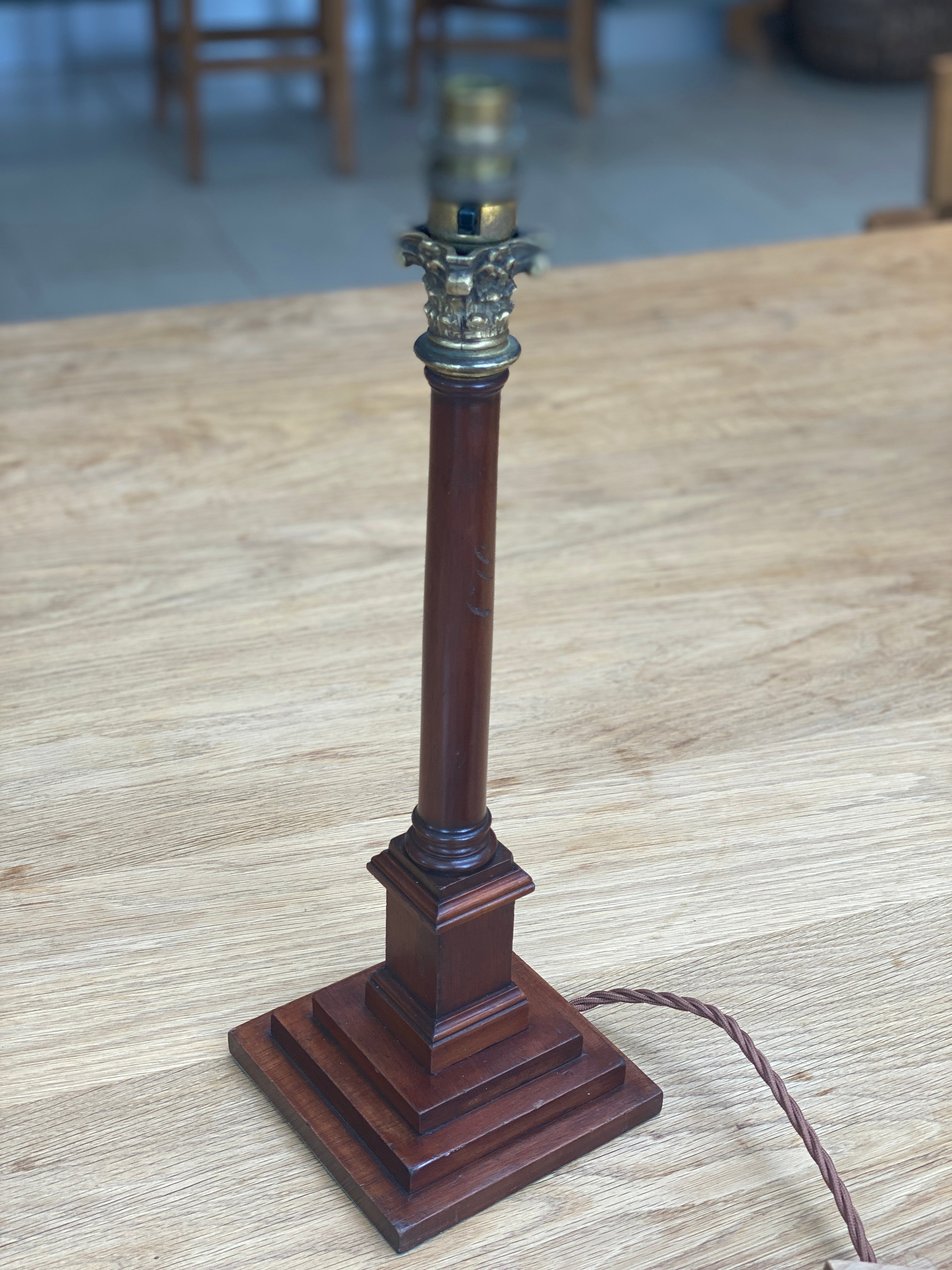 Mahogany and brass column candlestick lamp